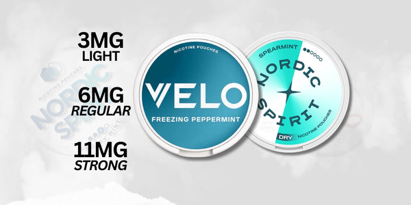 2 Brands of Nicotine Pocuhes on a white background. Velo and nordic spirt