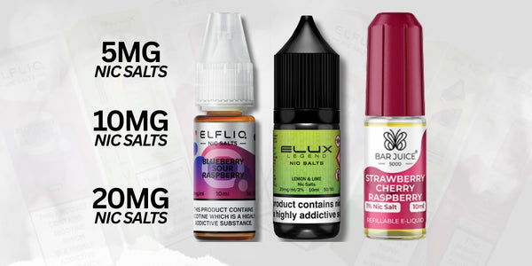 Three vape juice bottles with labels and nicotine strength information on a light gray background.Brands Elf Liq, Elux Legend, Barjuice 5000
