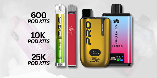 Collection of vape devices with branding and specifications on a light gray background. Brands Elf Bar, SKE, IVG, Hayati 