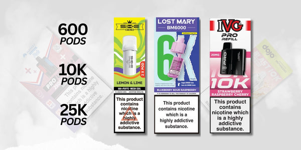 Collection of vape product packaging with branding and nicotine content warnings on a white background. Brand SKE, Lost Mary, IVG
