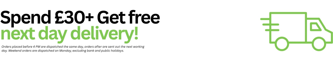 Promotional banner with the text 'Spend £30+ Get free next day delivery!' in black and green, plus a green delivery truck icon on a white background.