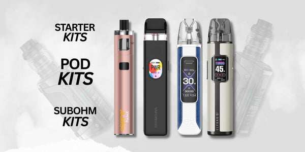 Vape starter kits including pod kits and subohm kits on a white background with text indicating product categories. Brands Aspire, Vaporesso,OXVA And Elf Bar.